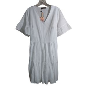 FANCYINN Women's Shift Ruffle V-neck Swing Tunic Mini Dress NWT Medium White